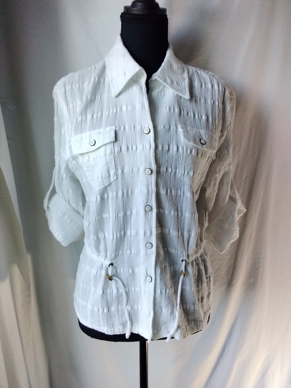 Jones New York White Textured Button-Front Drawstring Shirt